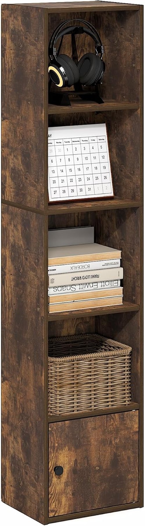 Furinno LUDER 5-Tier Bookshelf - Stylish Open Shelf & 1 Door Cabinet | Amber Pine, Ideal for Living Room & Home Office