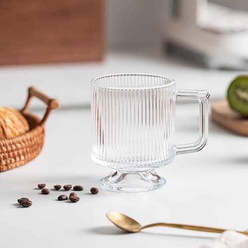 INSETLAN 6-Piece Ribbed Glass Coffee Mug Set, 10 oz Clear Glass Tea Cups with Handle, Modern Vertical Stripe Design for Everyday Drinks – Perfect for Coffee, Tea, Latte, Cappuccino, and More