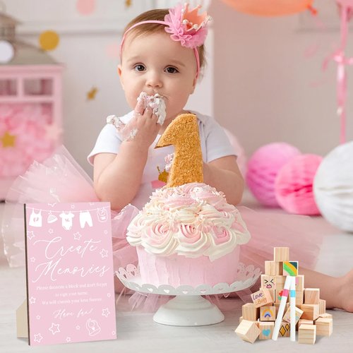 ZCPTZ 97 Pcs Pink Baby Shower Games Sign Kit,Including Decorate a Block Game Sign 72 DIY Blank Wooden Block 24 Pen to Draw Your Idea for Baby Shower Game Gender Reveal Party