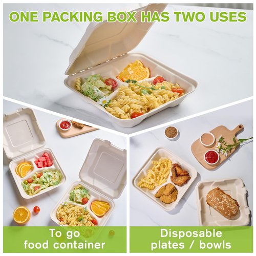 ECOLipak 300 Pack Clamshell To Go Containers, 100% Compostable Disposable Take Out Food Containers, 8X8 inch 3-Compartment Heavy-Duty To Go Boxes