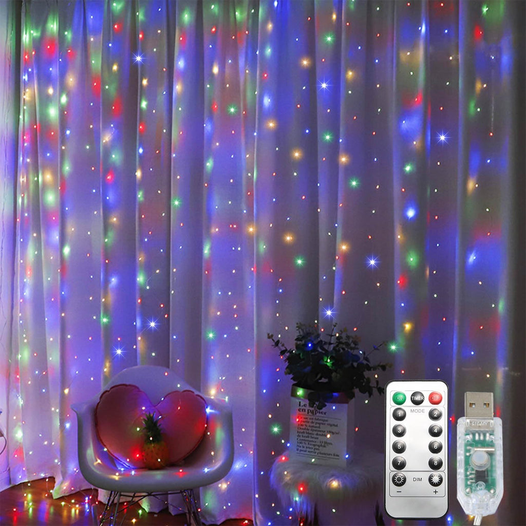 Skiennix 300 LED Curtain String Lights - 8 Light Modes | 9.8x9.8Ft Remote USB Plug for Indoor/Outdoor Decor