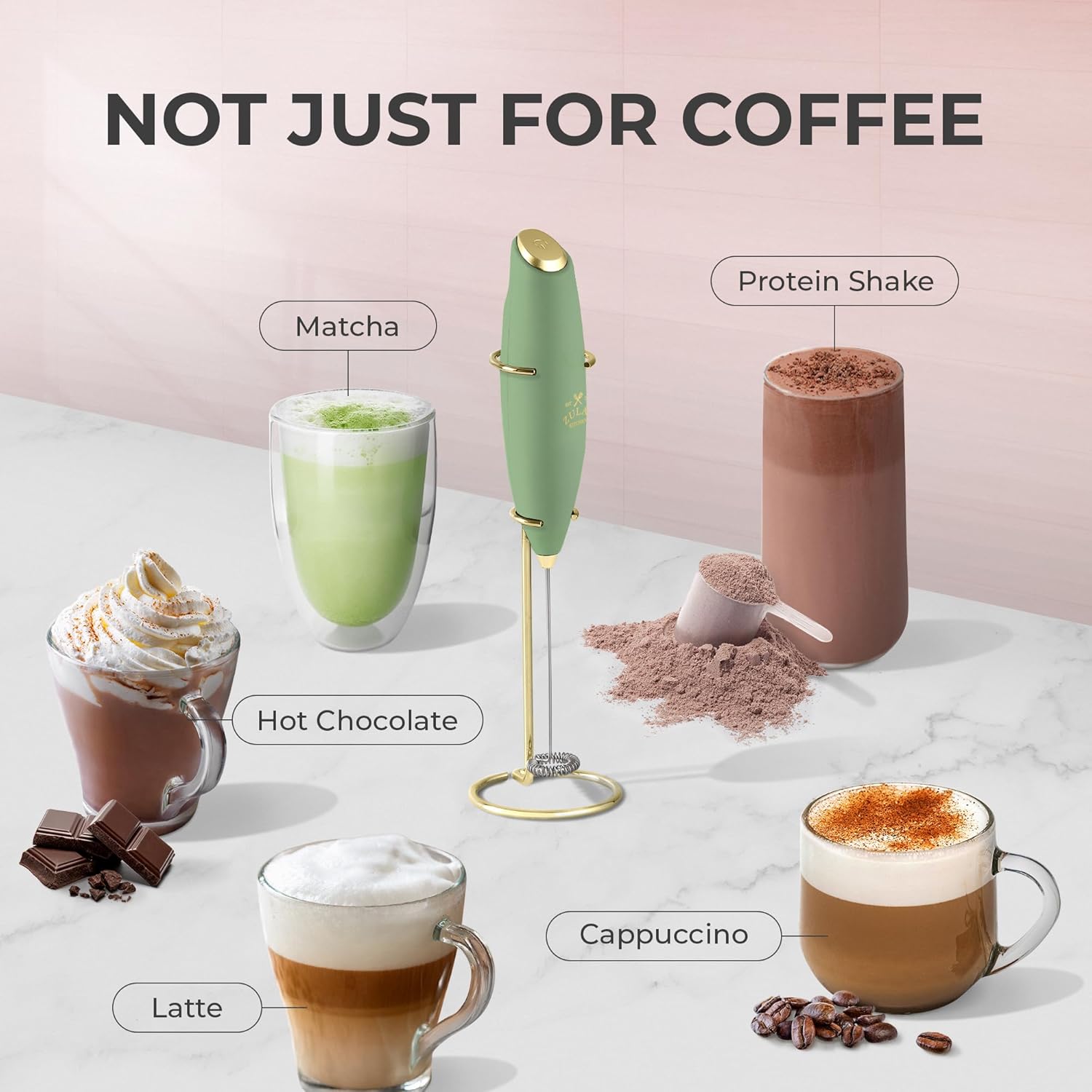 Zulay Kitchen Milk Frother Wand - Ultra-Fast Handheld Electric Whisk for Coffee & Lattes - Forest Gold