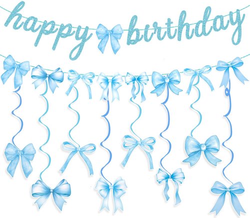 Blue Bow Birthday Banner Garland with Hanging Swirls for Baby Blue Bow Party Decor Coquette Birthday Decorations