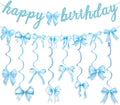 Blue Bow Birthday Banner Garland with Hanging Swirls for Baby Blue Bow Party Decor Coquette Birthday Decorations