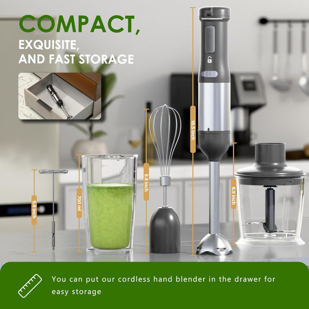Skiennix Cordless Immersion Hand Blender - 5-in-1 Variable Speed, Rechargeable 2000mAh Battery, BPA-Free Accessories, Grey