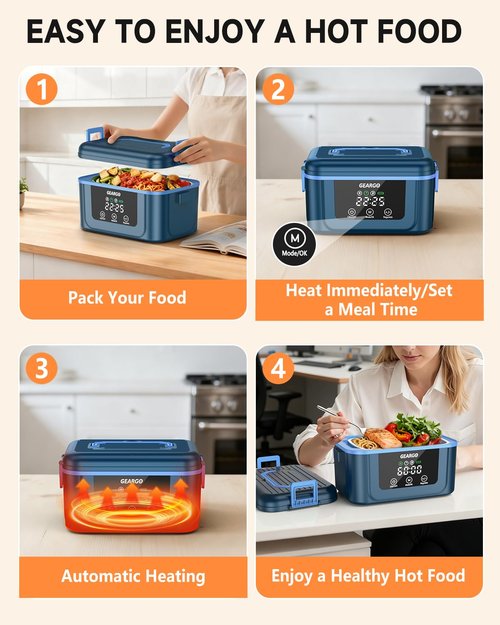 GEARGO 𝟐𝟎𝟐𝟔 𝐔𝐩𝐠𝐫𝐚𝐝𝐞𝐝 Cordless Electric Lunch Box, 1.6L & 24000mAh Rechargeable Heated Lunch Box with Ice Crystal Box, 24 Hours Scheduled Self Heating Lunchbox For Work Men Women(Blue)