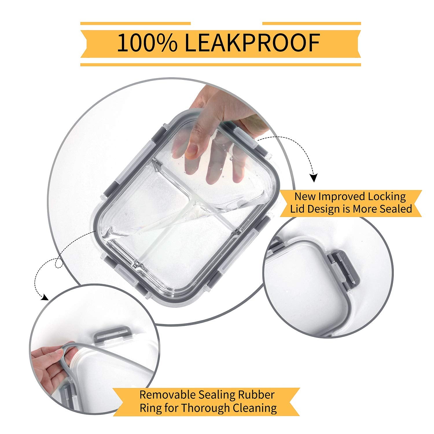 Bayco 8 Pack Glass Meal Prep Containers 3 Compartment, Glass Food Storage Containers with Lids, Airtight Lunch Bento Boxes, Leak Proof (8 lids & 8 Container) - Grey