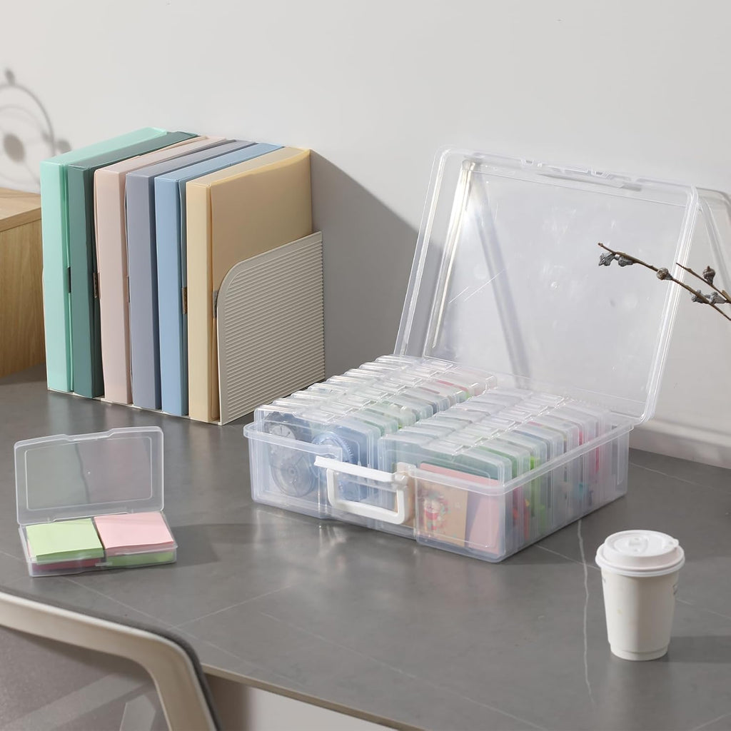 Novelinks Transparent Photo Cases - 4" x 6" Craft Keeper with Handle & 16 Inner Organizers | Clear Storage Box