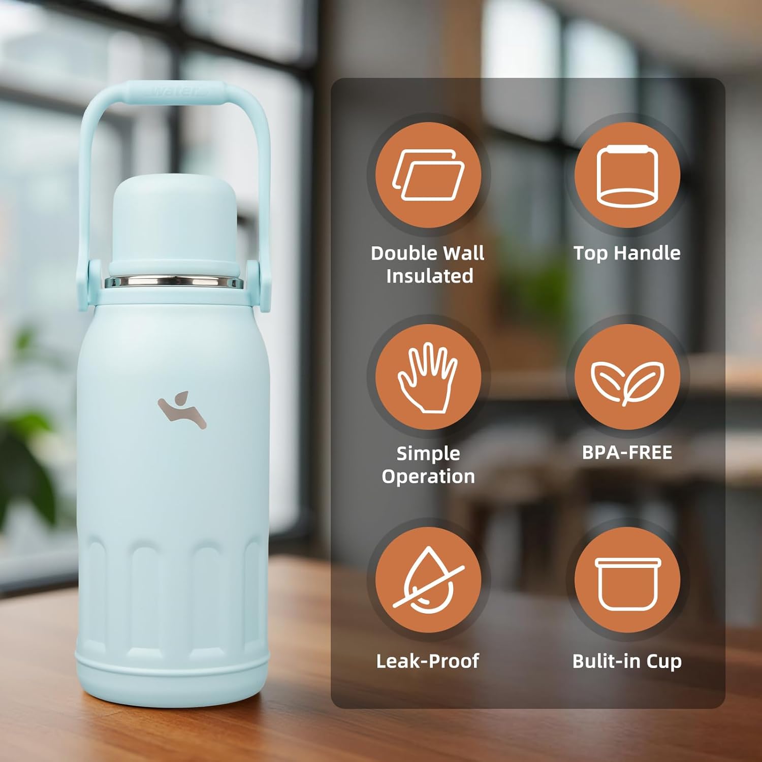 Skiennix Insulated Water Bottle - 40 Oz Vacuum Travel Tumbler with Handle & Strap - Cyan Blue