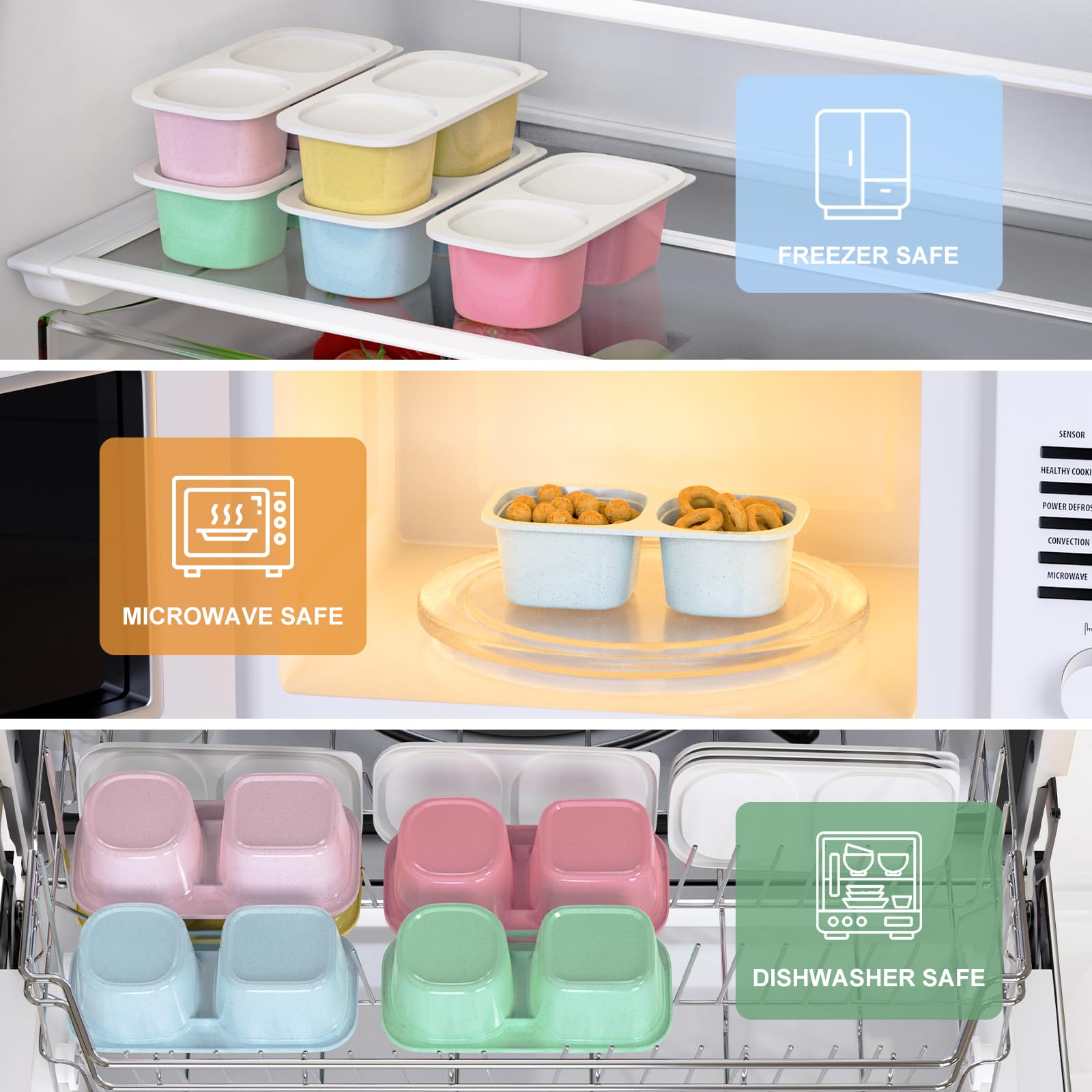 Reusable Snack Containers with Lids for Kids-Classic Color 5 PACK, [UNIQUE DESIGN 2-COMPARTMENT] BPA-Free/Microwave/Dishwasher Safe, Snack Bowls Container for On-the-Go Meals,Camping and Travel