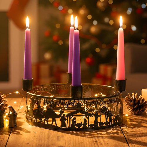 Blulu Advent Wreath Candle Holder - Rustic Nativity Scene Metal Jesus Centerpiece for Christmas Decor