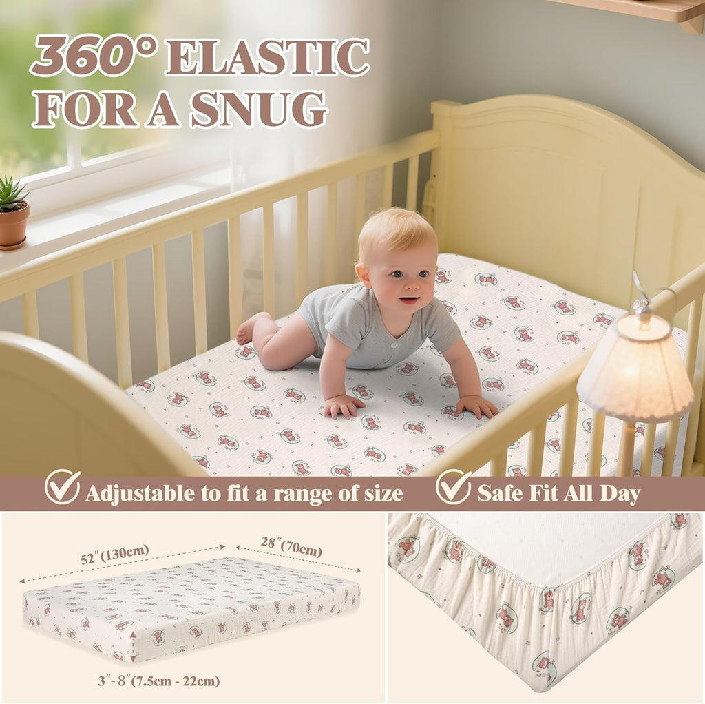 Skiennix Baby Crib Sheets - Soft Cotton Muslin | 2 Neutral Fitted Sheets for Toddler Bed 54 x 28 Inch