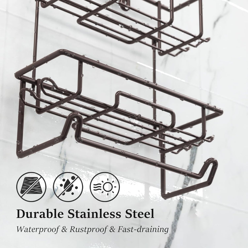Rustic Bronze Shower Caddy by [Brand Name] - Overhead Organizer with 10 Hooks & Towel Bar