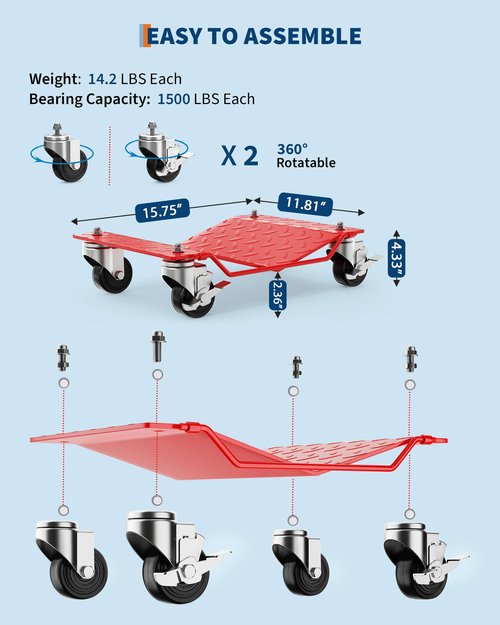 Garvee Car Wheel Dolly Set of 2,3000 LBS Capacity Heavy Duty Vehicle Mover Dolly with Brakes for Moving Cars, Trucks, Trailers and Motorcycles, Red