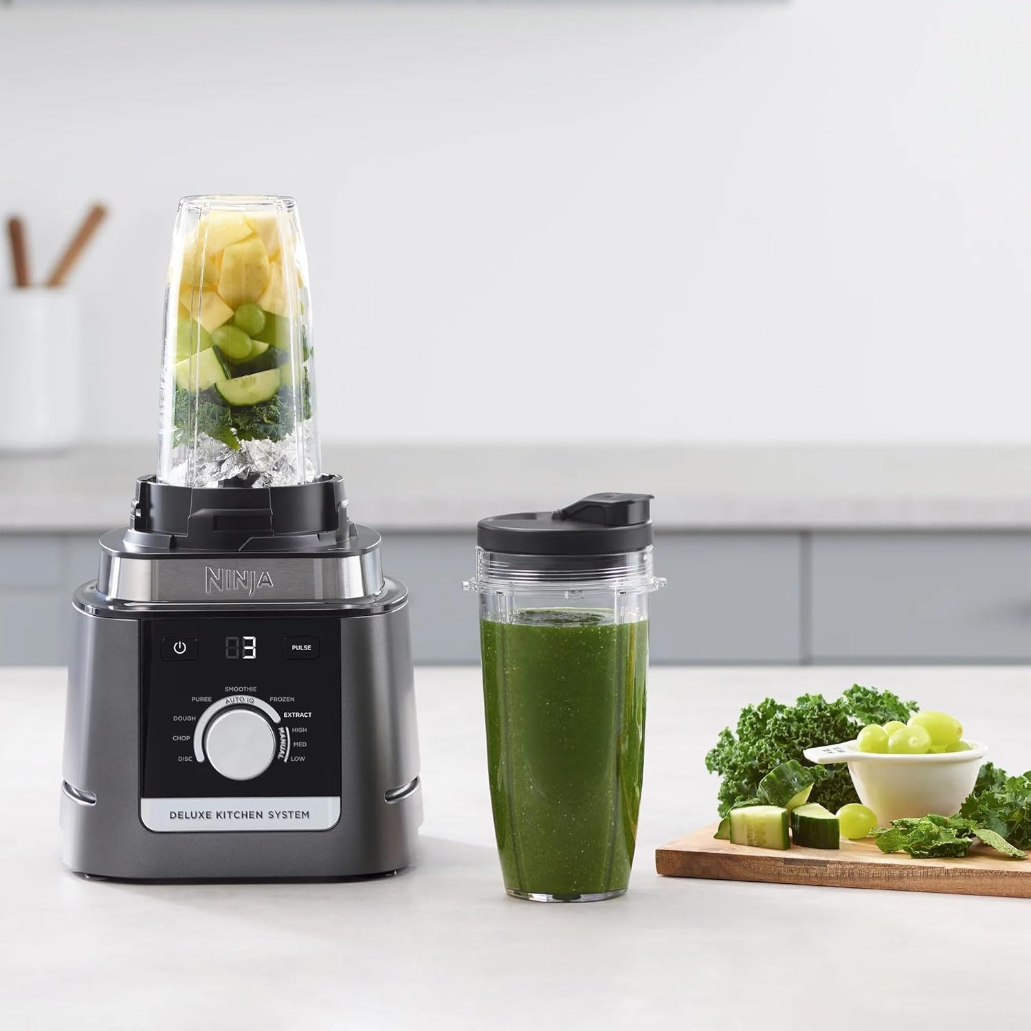 Ninja Deluxe Kitchen System - 1600W Auto-IQ Base with 88oz Pitcher & 9-Cup Food Processor | Refurbished