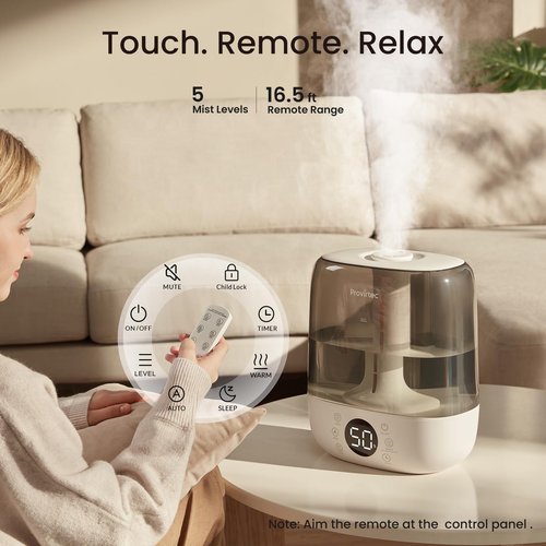 Provirtec 6L Self-Cleaning Humidifier for Large Room, CleanCare Warm & Cool Mist, No-Leak Design & Top Fill, 60 Hour Runtime, Quiet Ultrasonic Auto Mode with Remote Control for Bedroom & Home