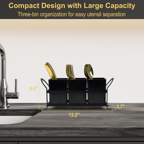 ECOIOU Cutlery Holder with Drain Holes, Dishwasher Safe Silverware Caddy for Party, Kitchen Counter, 3pcs Bins Set Countertop Utensil Holder for Spoons, Forks and Knives, Black