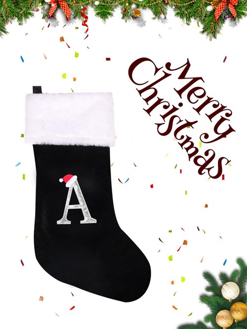 jargebur 20 Inches Initial Monogram Christmas Stocking Personalized,Deluxe Black Velvet Body with Super Soft Plush Cuff Embroidered Letter,Holiday Season Decor (Black, Letter A)