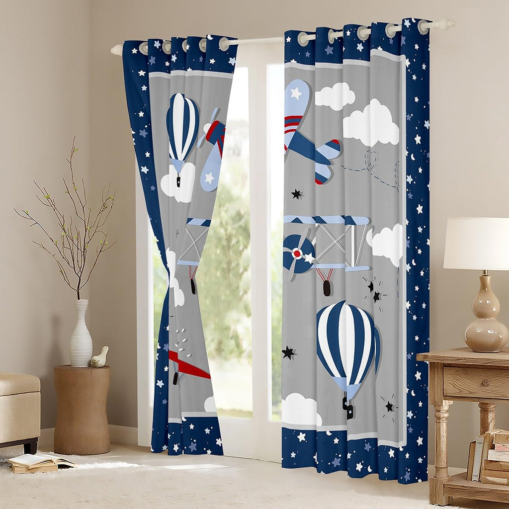 Kids Cartoon Airplane Window Curtain Navy Stripes Hot Air Balloon Aircraft Curtains Boys Teens Room Decor Cloud Starry Moon Blackout Window Treatment Chic Grey Window Drapes,Top 2 Panel,42Wx84L