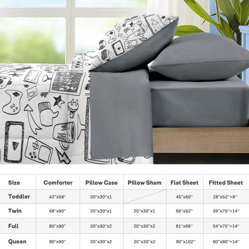 Nesker Comforter Set Twin Size, Computer Games Doodles 5 Pcs Bedding for Kids Teens, Gamer Gaming Black Bedding Set with Pillowcase & Sham