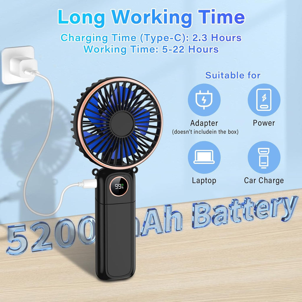 Skiennix Portable Handheld Fan - USB Rechargeable Mini Fan with 22-Hour Runtime & LED Display | 6 Speeds, Ideal for Travel & Outdoor Use