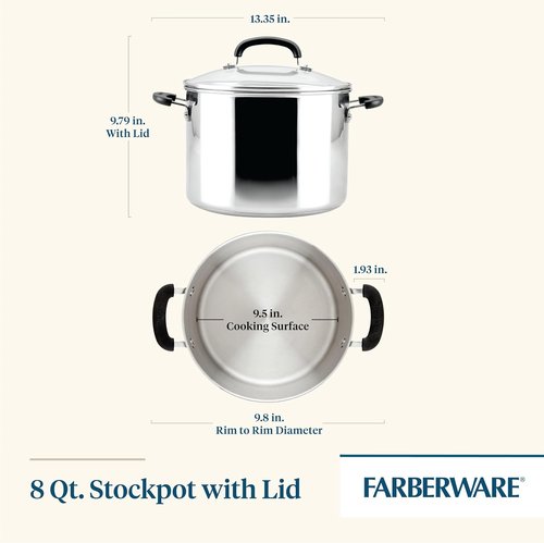 Farberware Brilliance Stainless Steel Stockpot - 8 Quart, Induction Ready, Dishwasher Safe, Glass Lid
