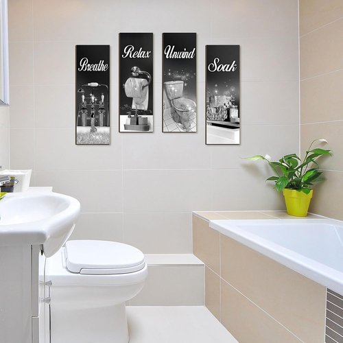 Honoson Bathroom Decor Wall Art - 4 Pcs Farmhouse Signs for Soothing Home Spa | Black & Silver