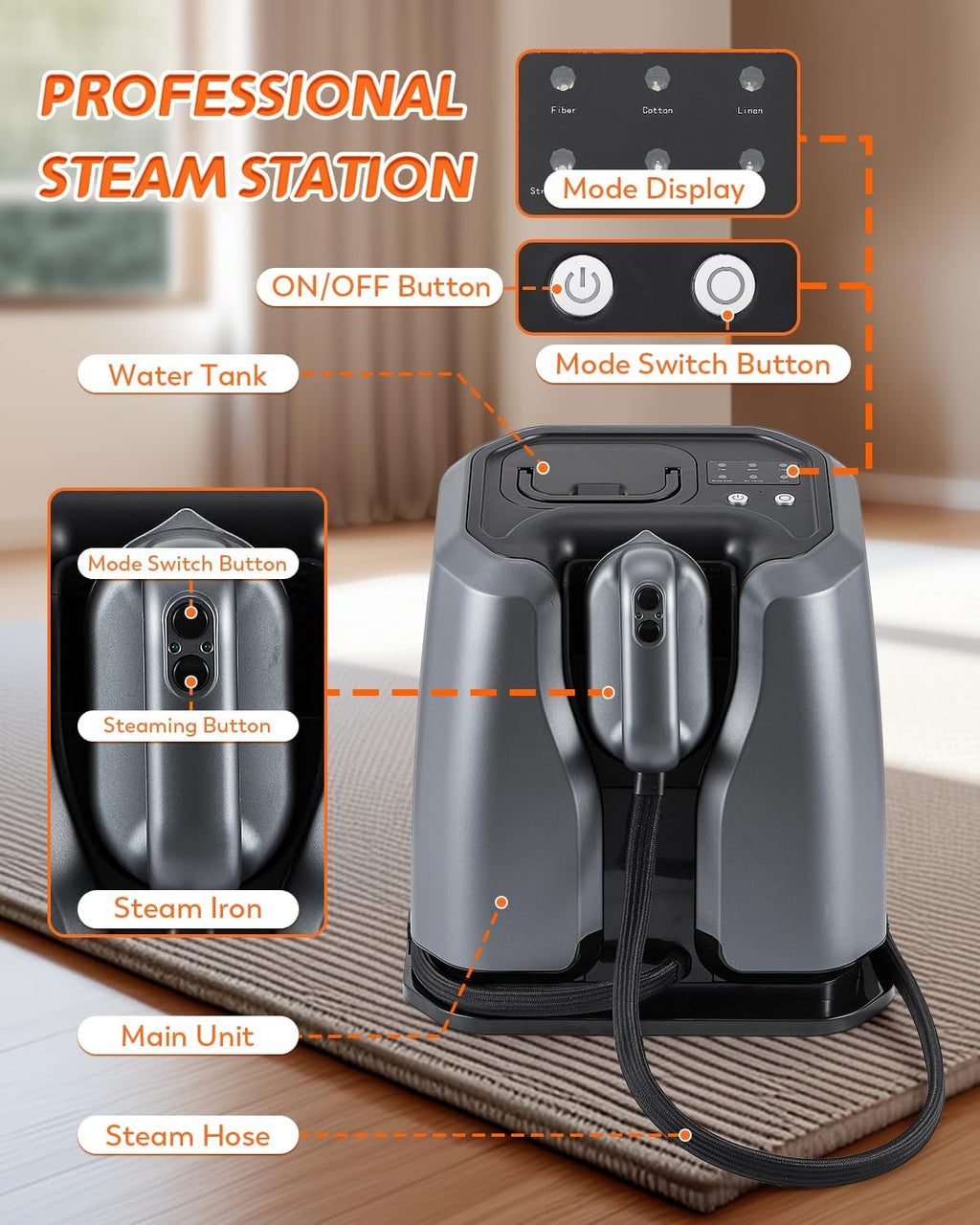 2200W Professional Steam Station - Dual Rapid Heat System with 1.2L Tank & 4 Steam Settings | Silver-Grey Clothing Iron