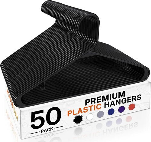 HOUSE DAY Black Plastic Hangers - Durable Space-Saving Clothes Hangers | 50 Pack for Shirts, Coats, Dresses