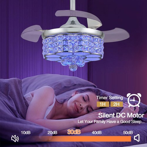 Zynfandor 30" RGB Crystal Retractable Ceiling Fan with Light Dimmable LED Chandelier, Remote & App Control, 6-Speed Timer, Memory Function for Bedroom Living Room,Silver