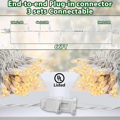Clear Christmas Lights - 66FT Warm White Mini Lights with 200 Incandescent Bulbs | Perfect for Indoor & Outdoor Holiday Decor
