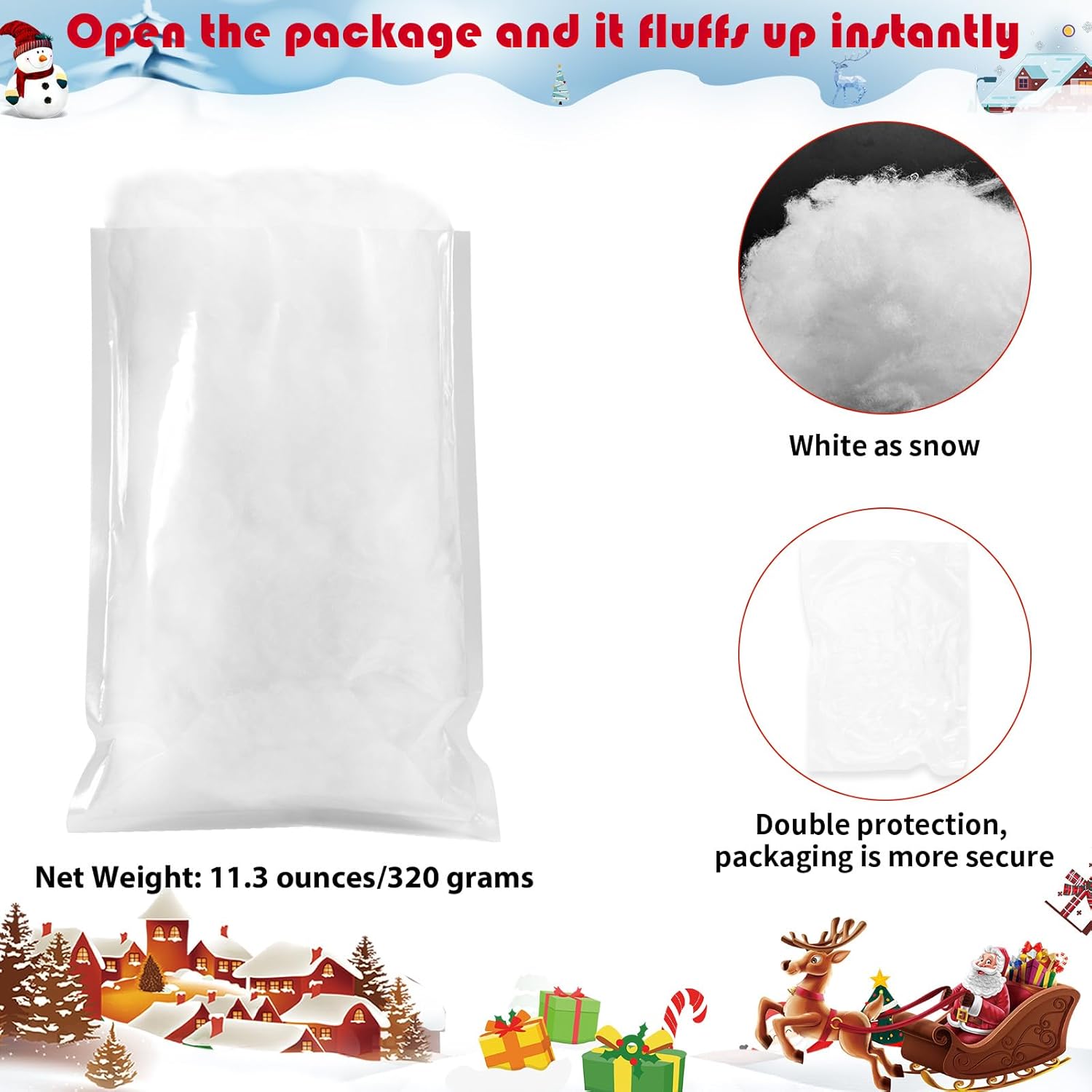 Skiennix Christmas Fake Snow Decor - 11.3 Ounce Fluffy Fiber Cotton for Winter Mantle & Village