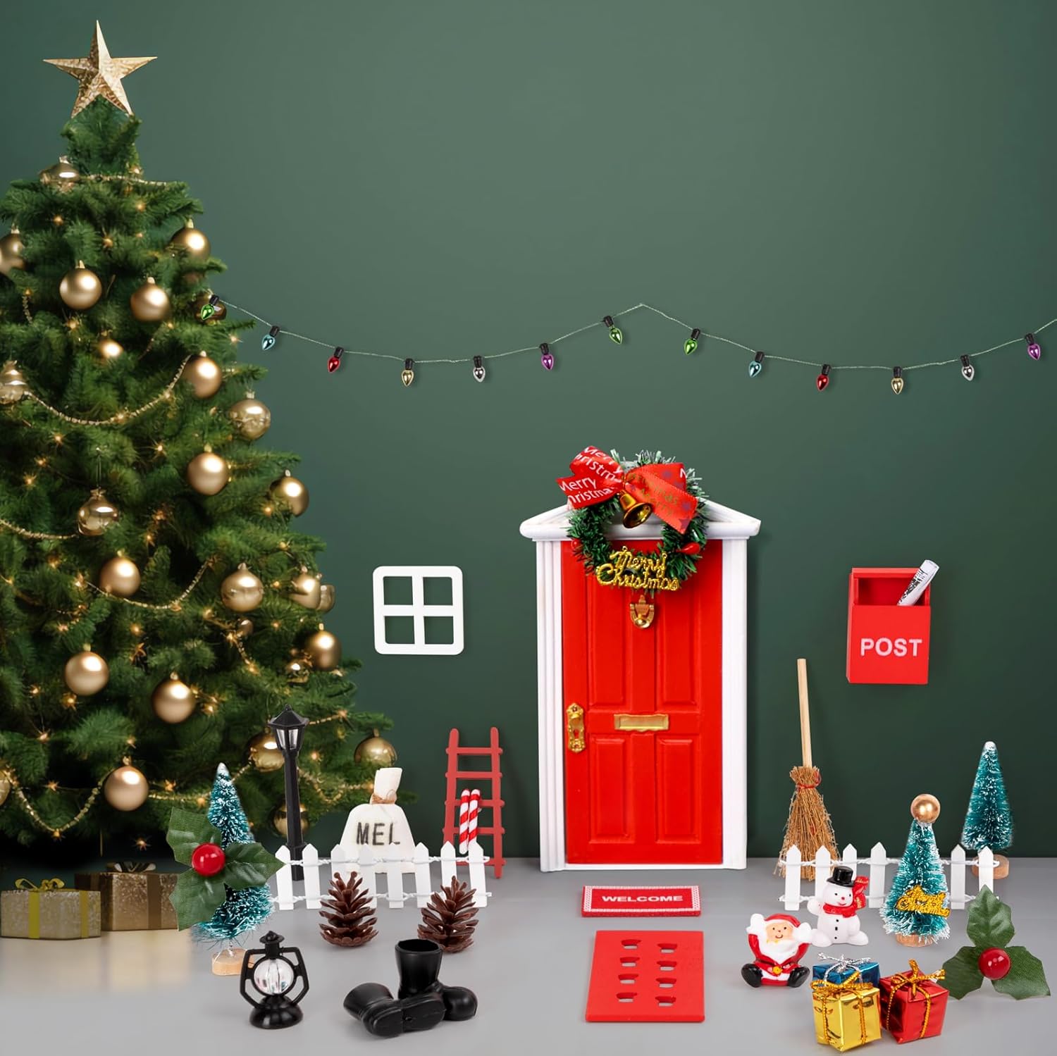 Skiennix Christmas Elf Fairy Door Kit - 31Pcs Miniature Wooden Garden Decorations (Red)