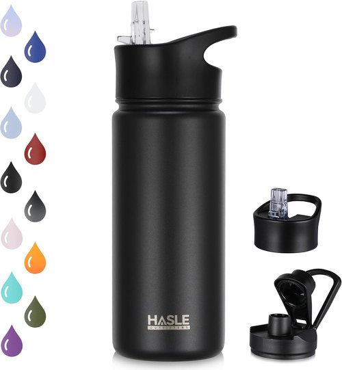 HASLE OUTFITTERS Insulated Water Bottle - 16 oz Double Wall Stainless Steel | Leak-Proof, Wide Mouth, Black
