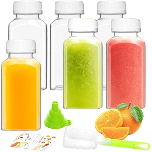 ztarraum 6PCS 8oz Reusable Plastic Juice Bottles with White Tamper Proof Lids, Brush, Funnel & Labels - Clear Juice Containers for Juicing, Smoothies & Homemade Beverages