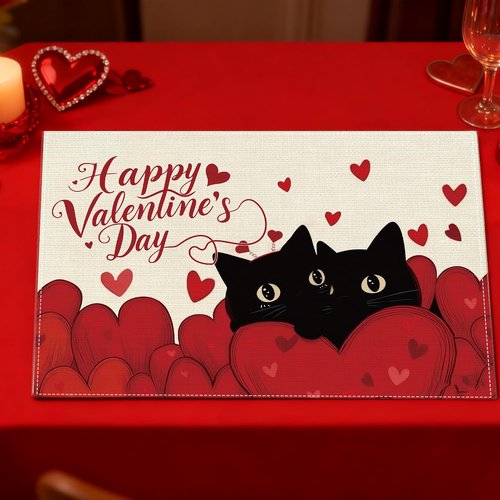 Inisajace Valentines Day Placemats Set of 4, Happy Valentine's Day Cat and Love Heart Placemats Decorations, Table Mats for Home Party Kitchen Dining Decor (12x18 Inch)