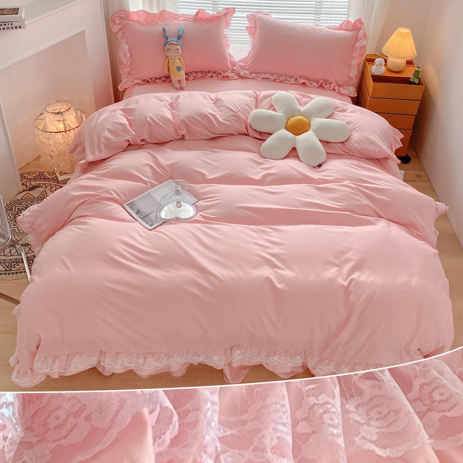 MOOWOO Chic Ruffle Lace Comforter Set -Girl Pink Bedding-2 Piece Twin Bed Quilt -Aesthetic Bedding,Ultra Soft and Durable,Fluffy Bed Comforter Sets for All Season
