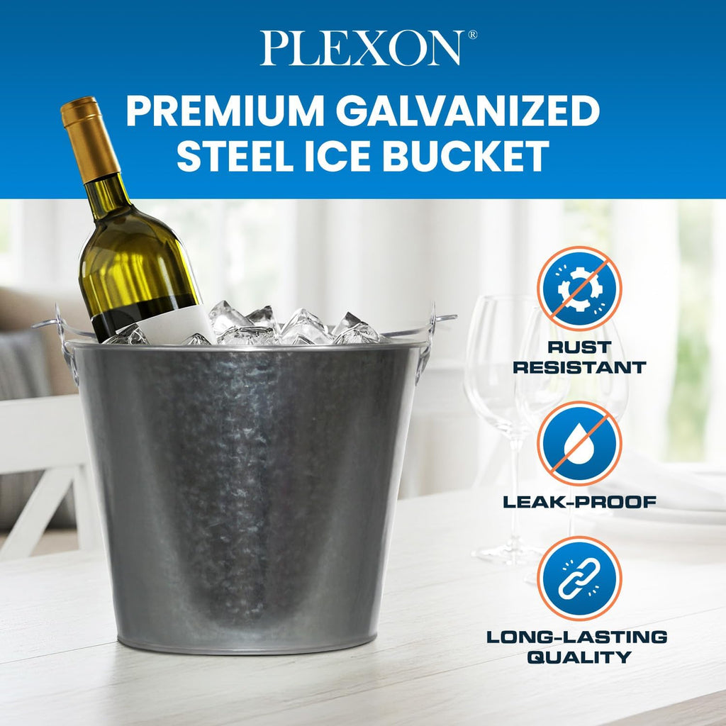 PLEXON Metal Ice Bucket for Parties Coctail Bar Restaurant - Drink Beer Champagne Metal Pail Bucket with Handle, Beverage Chiller, Galvanized Steel, 1.3 Gallon, Set of 3