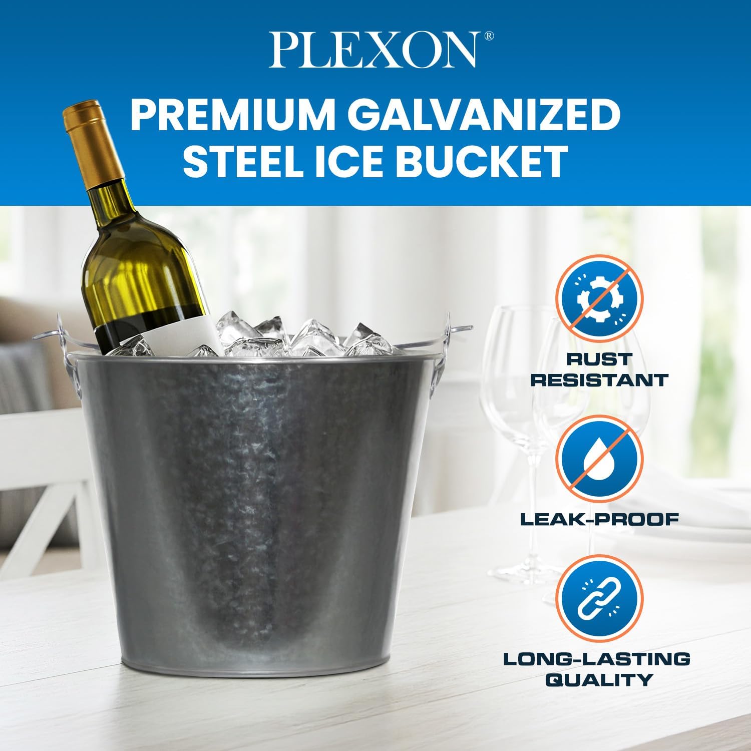 PLEXON Metal Ice Bucket for Parties Coctail Bar Restaurant - Drink Beer Champagne Metal Pail Bucket with Handle, Beverage Chiller, Galvanized Steel, 1.3 Gallon, Set of 3
