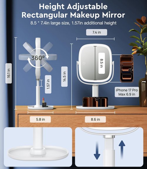 Glowtop Height Adjustable Lighted Makeup Mirror with Magnification, 20X Magnifying Mirror with Light 4000mAh Rechargeable, Tray Base and Phone Stand for Desk - Creamy White