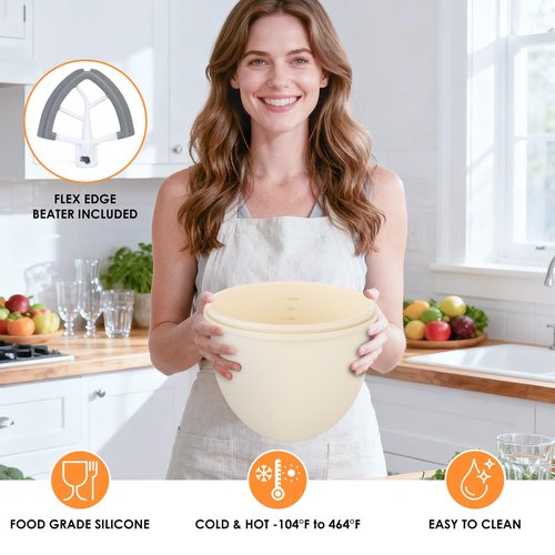Silicone Bowl Insert Liners for KitchenAid 5 Qt Mixer, Included 1 Flex Edge Beater and 3 Liners with 3 Lids