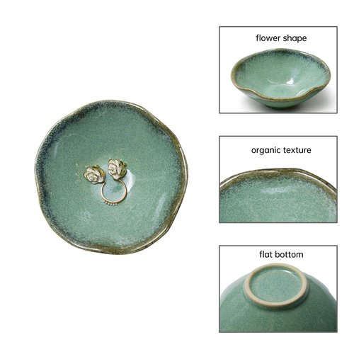 KROUJITY 4.72" Small Decorative Bowl, Ceramic Green Key Bowls for Entryway Table, Jewelry Dish, Trinket Holder, Offering Bowl, Potpourri Bowl, Vintage Home Decor with Unique Irregular Rim