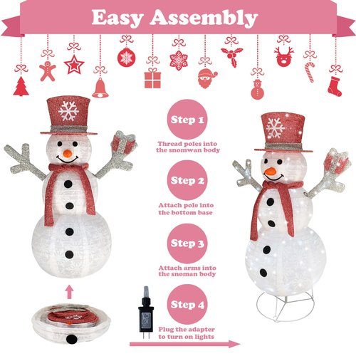 Outdoor Snowman Lighted, Pop-Up Snowman Outdoor Yard Holiday Decorations Prelit 100 Lights, Collapsible Lighted Snowmen Wear Scarf and Hold Light Up Gift Box for Pink Christmas Décor-Pink
