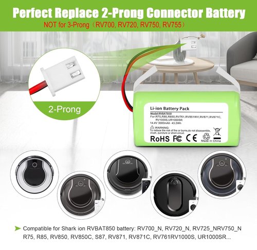 KUNLUN RVBAT850 ion Battery, Replacement Battery for Shark Vacuum RV1001AE R75 R85 R761 RV850 RV1000S RV1000VL RV700_N RV720_N Vacuum (ONLY Fit 2-Prong Connector,NOT for 3-Prong)