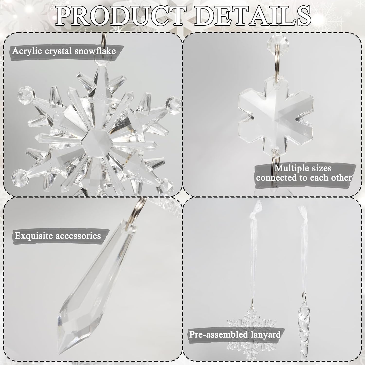Skiennix 18pcs Crystal Christmas Ornaments - Hanging Acrylic Snowflake Icicles for Winter Decor