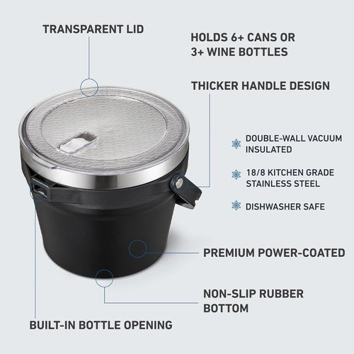 COKTIK 7L Insulated Ice Bucket with Lid，Double Wall Vacuum Stainless Steel Beverage Bucket Keeps Frozen Longer，Holds 6 Longnecks or 3 Bottles of Wine，for Cocktail, Champagne, Large Parties(Black)
