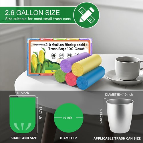 2.6 Gallon Small Trash Bags Bathroom - Compostable Colorful Mini Garbage Bags 100 Count Unscented 10 Liter Biodegradable Little Waste Basket Kitchen Office Car Tiny Liners Strong Thick Chenyucheng