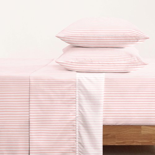 Wake In Cloud - Striped Bed Sheets, 4-Piece Sheet Set, Ticking Vertical Pin Stripe Modern Farmhouse Pattern Printed Bedding, Deep Pocket, Pink White, Full Size