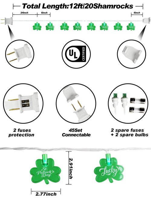 Adirxon 12FT St Patricks Day String Lights - 20 LED Shamrock Lights with St. Patrick's Day & Lucky Printed Text, Connectable Green Clover Decor for Pub Party Home Outdoor Indoor (White Wire)