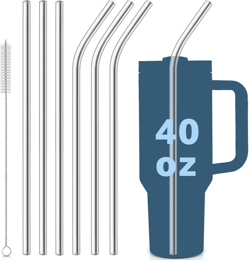 Skiennix 40oz Tumbler Straws - 6 Metal Stainless Steel Replacement Straws, 12-Inch Extra Long | 3 Straight & 3 Bent